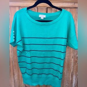 LOFT Green Striped Crew Neck Sweater